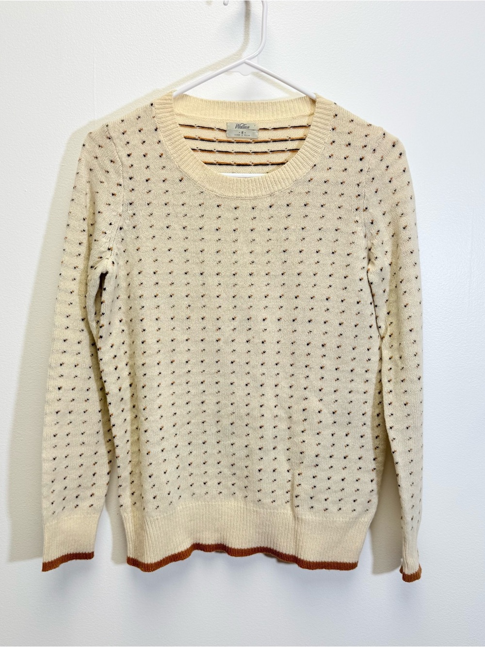 Madewell Wallace Cream Rust Heart Birds Eye Knit Sweater Small 100% Merino Wool